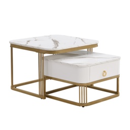 Set of 2 Modern Square Coffee Table with High-Gloss Tabletops, Marble Side Table for Living Room, Bedroom, 60x60x42 cm+50x50x33.5 cm, White - Aosom.UK - thumbnail 2
