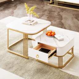 Set of 2 Modern Square Coffee Table with High-Gloss Tabletops, Marble Side Table for Living Room, Bedroom, 60x60x42 cm+50x50x33.5 cm, White - Aosom.UK - thumbnail 4
