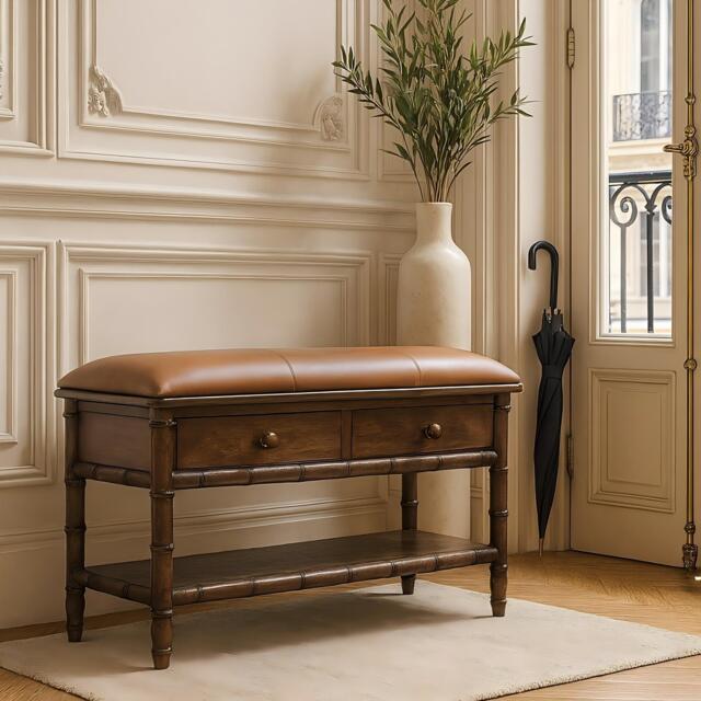Solid Mango Wood Storage Bench with 2 Smooth-Gliding Drawers, High-Resilience Cushioned Seat with Shelf, 35L x 90W x 55H cm, Brown - Aosom UK - image 1