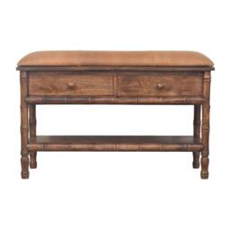 Solid Mango Wood Storage Bench with 2 Smooth-Gliding Drawers, High-Resilience Cushioned Seat with Shelf, 35L x 90W x 55H cm, Brown - Aosom UK - thumbnail 2