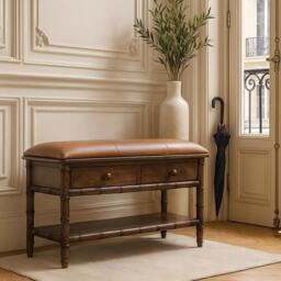 Solid Mango Wood Storage Bench with 2 Smooth-Gliding Drawers, High-Resilience Cushioned Seat with Shelf, 35L x 90W x 55H cm, Brown - Aosom UK