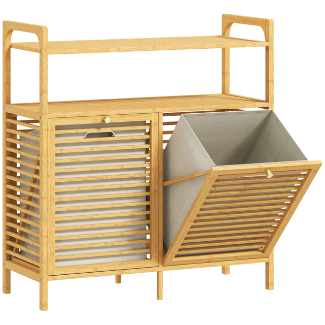 HOMCOM Double Tilt Out Bamboo Laundry Cabinet, Freestanding Bathroom Cabinet with 2 Removable Baskets, Natural - image 1