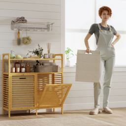 HOMCOM Double Tilt Out Bamboo Laundry Cabinet, Freestanding Bathroom Cabinet with 2 Removable Baskets, Natural - thumbnail 9