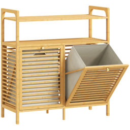 HOMCOM Double Tilt Out Bamboo Laundry Cabinet, Freestanding Bathroom Cabinet with 2 Removable Baskets, Natural - thumbnail 1