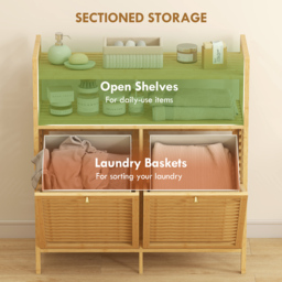 HOMCOM Double Tilt Out Bamboo Laundry Cabinet, Freestanding Bathroom Cabinet with 2 Removable Baskets, Natural - thumbnail 4