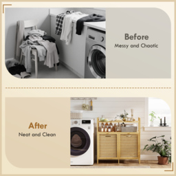 HOMCOM Double Tilt Out Bamboo Laundry Cabinet, Freestanding Bathroom Cabinet with 2 Removable Baskets, Natural - thumbnail 8