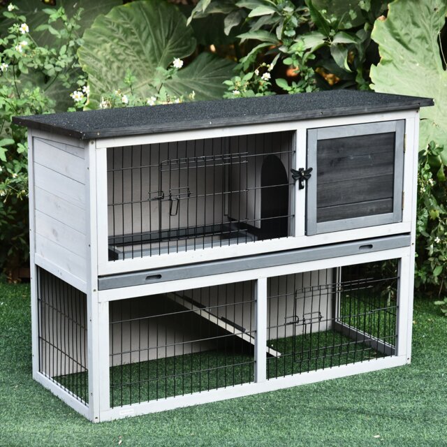 PawHut Small Animal Two-Level Fir Wood Hutch w/ Slide Out Tray Grey - image 1