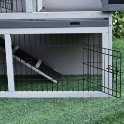 PawHut Small Animal Two-Level Fir Wood Hutch w/ Slide Out Tray Grey - thumbnail 7