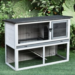 PawHut Small Animal Two-Level Fir Wood Hutch w/ Slide Out Tray Grey - thumbnail 1