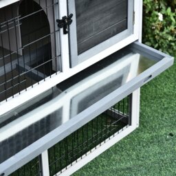 PawHut Small Animal Two-Level Fir Wood Hutch w/ Slide Out Tray Grey - thumbnail 8