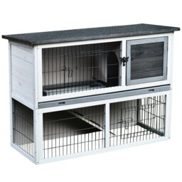 PawHut Small Animal Two-Level Fir Wood Hutch w/ Slide Out Tray Grey - thumbnail 2
