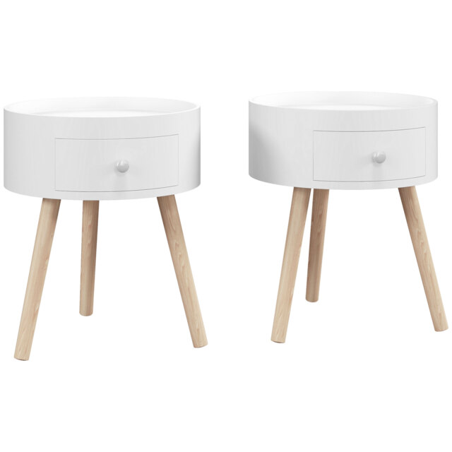 HOMCOM Modern Side Table, Small Coffee Table, Round Bedside Table with Drawer and Wood Legs for Living Room, Bedroom, Set of 2, White - Aosom UK - image 1
