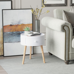 HOMCOM Modern Side Table, Small Coffee Table, Round Bedside Table with Drawer and Wood Legs for Living Room, Bedroom, Set of 2, White - Aosom UK - thumbnail 7
