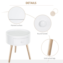 HOMCOM Modern Side Table, Small Coffee Table, Round Bedside Table with Drawer and Wood Legs for Living Room, Bedroom, Set of 2, White - Aosom UK - thumbnail 4