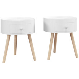 HOMCOM Modern Side Table, Small Coffee Table, Round Bedside Table with Drawer and Wood Legs for Living Room, Bedroom, Set of 2, White - Aosom UK