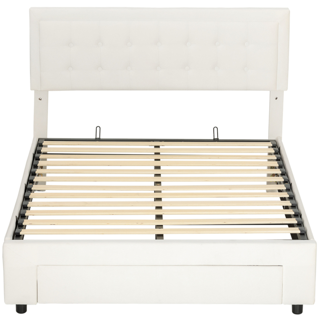 HOMCOM Double Ottoman Bed Frame, with Front Drawer - Cream - image 1