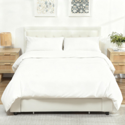 HOMCOM Double Ottoman Bed Frame, with Front Drawer - Cream - thumbnail 2