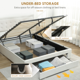 HOMCOM Double Ottoman Bed Frame, with Front Drawer - Cream - thumbnail 4