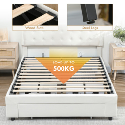 HOMCOM Double Ottoman Bed Frame, with Front Drawer - Cream - thumbnail 6