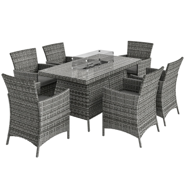 Outsunny 7 Pcs PE Rattan Dining Sets w/ Fire Pit Table, Garden Dining Set w/ Heater Table, Armchairs w/ Cushions, Glass Windscreen, 50,000 BTU, Grey - image 1