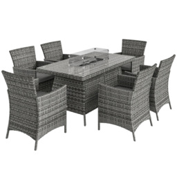 Outsunny 7 Pcs PE Rattan Dining Sets w/ Fire Pit Table, Garden Dining Set w/ Heater Table, Armchairs w/ Cushions, Glass Windscreen, 50,000 BTU, Grey - thumbnail 1