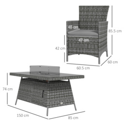 Outsunny 7 Pcs PE Rattan Dining Sets w/ Fire Pit Table, Garden Dining Set w/ Heater Table, Armchairs w/ Cushions, Glass Windscreen, 50,000 BTU, Grey - thumbnail 3