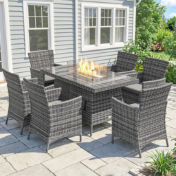 Outsunny 7 Pcs PE Rattan Dining Sets w/ Fire Pit Table, Garden Dining Set w/ Heater Table, Armchairs w/ Cushions, Glass Windscreen, 50,000 BTU, Grey - thumbnail 2