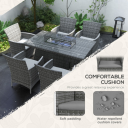 Outsunny 7 Pcs PE Rattan Dining Sets w/ Fire Pit Table, Garden Dining Set w/ Heater Table, Armchairs w/ Cushions, Glass Windscreen, 50,000 BTU, Grey - thumbnail 5