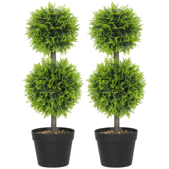 HOMCOM Set of 2 Decorative Artificial Plants, 60cm Faux Topiary Cypress Ball Trees with Plastic Pot and Pebbles, Fake Plants for Home Office Decor, Green - image 1