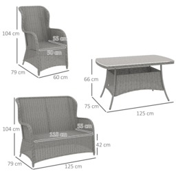 Outsunny Garden PE Rattan Dining Sofa Set, Outdoor 4 Seater Wicker Furniture, High Back Chairs with Cushions for Patio, Light Grey - thumbnail 3