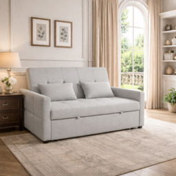 HOMCOM 2-Seater Sofa Bed, Compact Convertible Fabric Couch for Living Room or Guest Room, Light Grey - Aosom UK - thumbnail 2