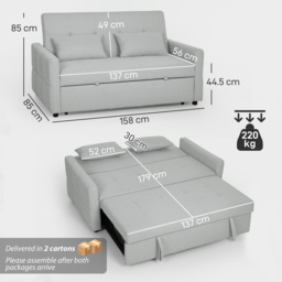 HOMCOM 2-Seater Sofa Bed, Compact Convertible Fabric Couch for Living Room or Guest Room, Light Grey - Aosom UK - thumbnail 3