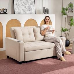 HOMCOM Two-Seater Pull-Out Sofa Bed, Cat Scratch Resistant, Beige - Aosom UK - thumbnail 2