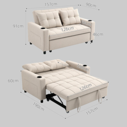 HOMCOM Two-Seater Pull-Out Sofa Bed, Cat Scratch Resistant, Beige - Aosom UK - thumbnail 3