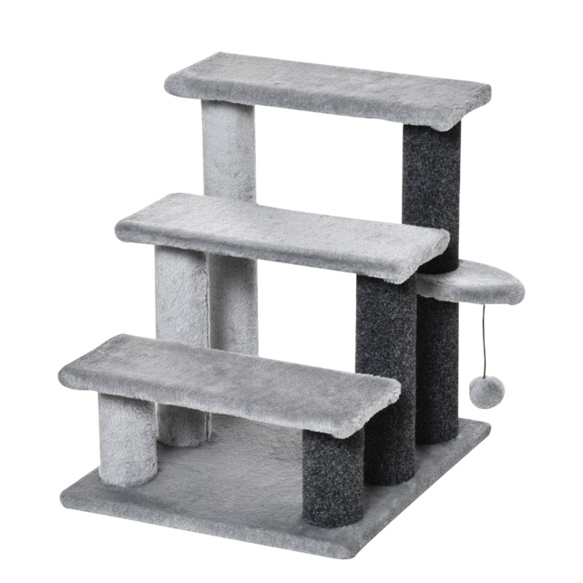 PawHut 3-step Pet Stairs with Scratching Posts, Platforms, Toy Ball, Grey - Aosom UK - image 1