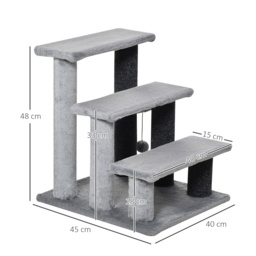 PawHut 3-step Pet Stairs with Scratching Posts, Platforms, Toy Ball, Grey - Aosom UK - thumbnail 3