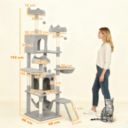 PawHut Cat Tree, 192 cm Large Multi-Level Cat Tower for Indoor Kittens with 8 Scratching Posts, 3 Plush Beds, 2 Hammocks - thumbnail 3