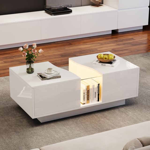 Modern Coffee Table with 2 Storage Drawers, High Gloss Finish, Customisable LED Lights, Ideal for Living Room, 100L x 50W x 35H cm, White - Aosom UK - image 1