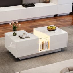Modern Coffee Table with 2 Storage Drawers, High Gloss Finish, Customisable LED Lights, Ideal for Living Room, 100L x 50W x 35H cm, White - Aosom UK