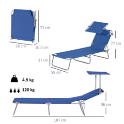 Outsunny Folding Recliner: Adjustable Sun Lounger with Sunshade, Beach & Garden Relaxation, Azure Blue - Aosom UK - thumbnail 3