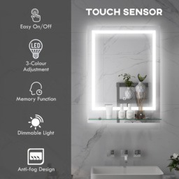 kleankin Illuminated LED Vanity Mirror: Smart Touch Anti-Fog Makeup Mirror with Shelf, 3 Colour Settings, 70x50cm - Aosom UK - thumbnail 4