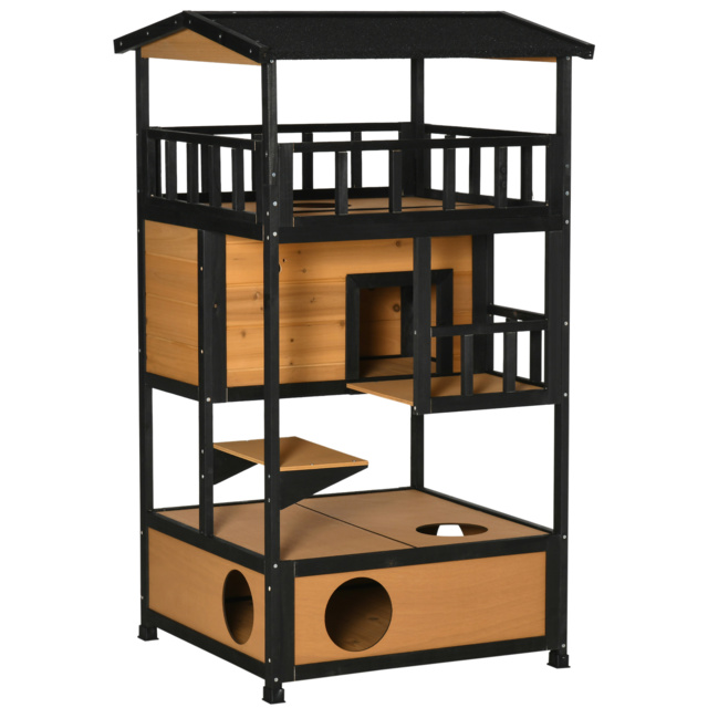 PawHut Wooden Cat House 3-Tier for Winter Kitten Shelter Lodge w/ Tilted Roof Terrace Jump Step Bottom Tray Elevated Base, Yellow - image 1