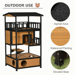 PawHut Wooden Cat House 3-Tier for Winter Kitten Shelter Lodge w/ Tilted Roof Terrace Jump Step Bottom Tray Elevated Base, Yellow - thumbnail 6