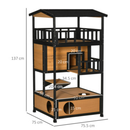 PawHut Wooden Cat House 3-Tier for Winter Kitten Shelter Lodge w/ Tilted Roof Terrace Jump Step Bottom Tray Elevated Base, Yellow - thumbnail 3