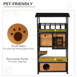 PawHut Wooden Cat House 3-Tier for Winter Kitten Shelter Lodge w/ Tilted Roof Terrace Jump Step Bottom Tray Elevated Base, Yellow - thumbnail 7
