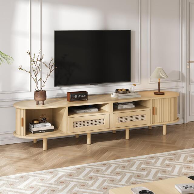 Modern TV Stand with 2 Drawers, 2 Sliding Doors & 8 Solid Wood Legs, Versatile Cabinet with Rounded Corners, 170L x 40W x 40H cm, Oak - Aosom UK - image 1