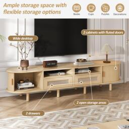 Modern TV Stand with 2 Drawers, 2 Sliding Doors & 8 Solid Wood Legs, Versatile Cabinet with Rounded Corners, 170L x 40W x 40H cm, Oak - Aosom UK - thumbnail 4