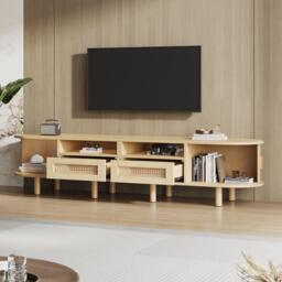 Modern TV Stand with 2 Drawers, 2 Sliding Doors & 8 Solid Wood Legs, Versatile Cabinet with Rounded Corners, 170L x 40W x 40H cm, Oak - Aosom UK - thumbnail 7