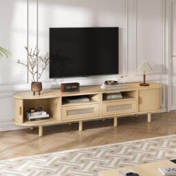 Modern TV Stand with 2 Drawers, 2 Sliding Doors & 8 Solid Wood Legs, Versatile Cabinet with Rounded Corners, 170L x 40W x 40H cm, Oak - Aosom UK - thumbnail 1