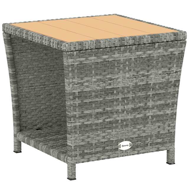 Outsunny Side Table 2-Tier Outdoor Coffee Table with Storage Shelf PS Wood Slat Top/Light Grey - image 1